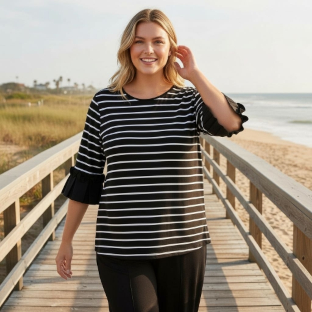 Lane Bryant Black with White Stripe Top‎ Tee Ruffle Sleeve Nautical Size 26-28